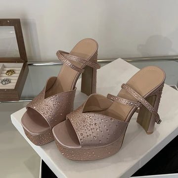 Xajzpa  Fashion Rhinestone High Heels Women Sexy Sandals Crystal Silk Ankle Strap Female Square Toe Chunky Platform Shoes Black
